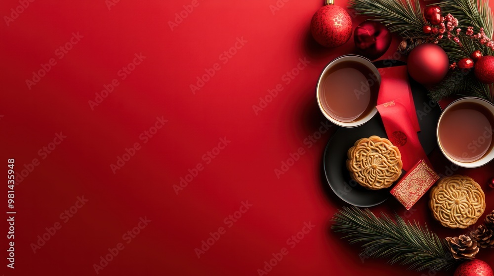 Aufkleber A red background with a Christmas tree and a plate of cookies and two cups of tea. The cookies are decorated with red icing and the tea is served in red cups. Scene is festive and cozy