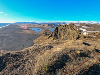 Black beach from Dyrholaey viewpoint in Vik and Myrdal South of Iceland in a sunny afternoon