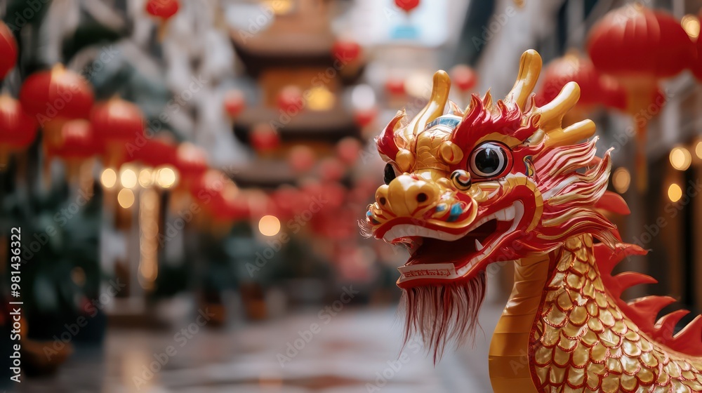 Poster a dragon is standing in front of a building with red lanterns. the dragon is looking at the camera w