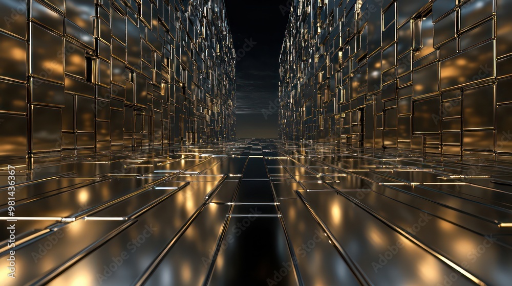 Poster a long hallway with a lot of gold and silver tiles. the tiles are reflecting light and creating a sh