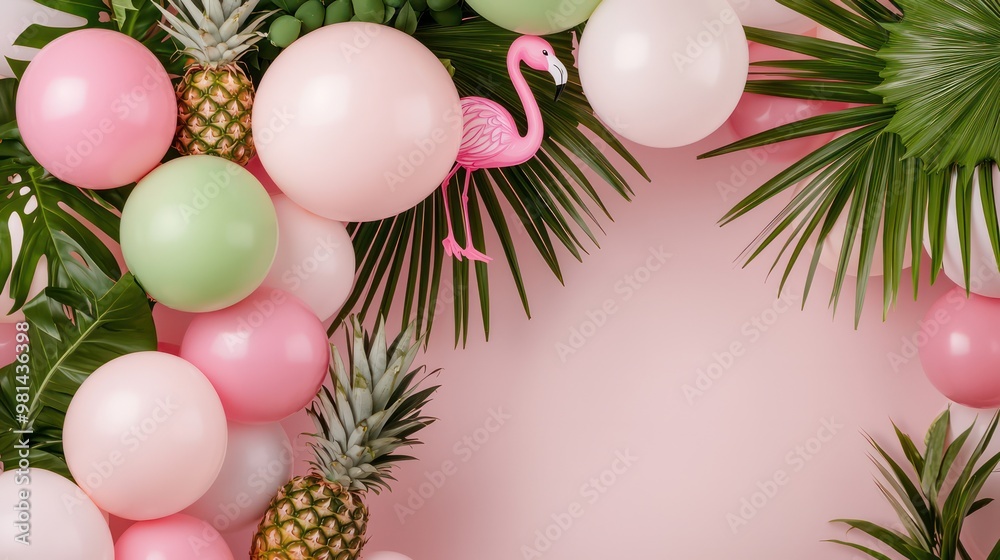 Aufkleber a pink and green flamingo is surrounded by pink and green balloons. the flamingo is the focal point 
