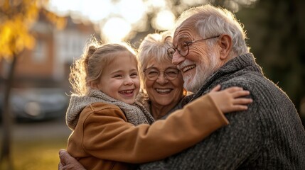 Fototapeta premium back view, A heartwarming picture of grandparents and grandchildren sharing laughter, stories, and cherished moments, showcasing the beautiful bond 