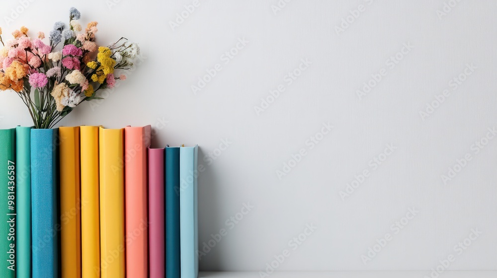 Aufkleber A row of colorful books with a vase of flowers in the middle. The books are arranged in a rainbow pattern, and the flowers add a touch of color and life to the scene. Scene is cheerful and inviting