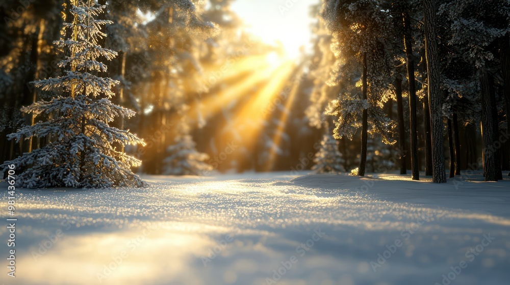 Poster a snowy forest with a bright sun shining through the trees. the sun's rays create a warm and invitin
