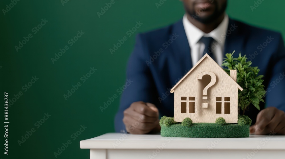 Poster a man in a suit sits at a desk with a wooden house model in front of him. the house has a question m