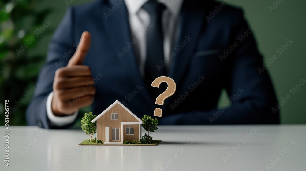 Poster a man in a suit is giving a thumbs up to a house. the house is small and has a tree in front of it