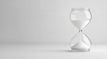 A clear image of a classic hourglass, with its sand slowly flowing,  set against a plain white backdrop.