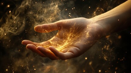 Fototapeta premium The image is truly captivating, featuring a hand that is enveloped in a stunning array of sparkling magical light and shimmering dust, evoking an incredible sense of wonder, beauty, and mystique