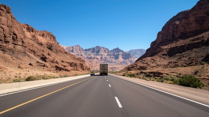 Fototapeta premium A truck is driving down a road in the desert. The road is empty and the sky is clear