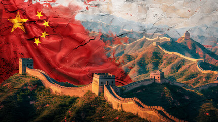 Chinese flag waving with The Great Wall of china background