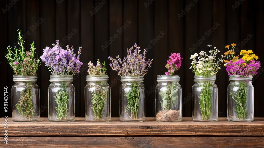 Poster a row of glass jars filled with various flowers and herbs. the jars are arranged in a line on a wood