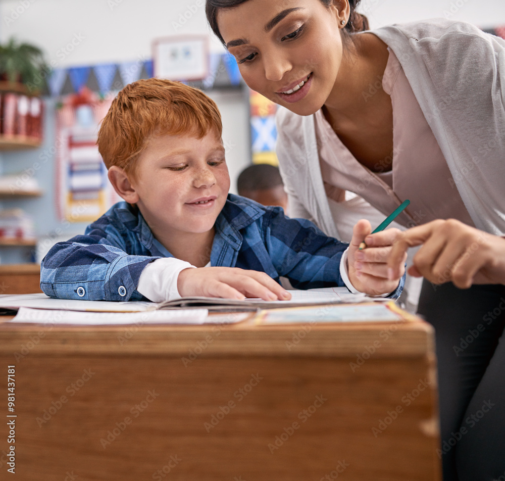 Poster writing, teacher and boy in classroom for help in growth, child development and notebook for educati