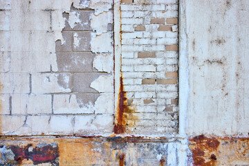 Urban Decay Close-Up: Peeling Paint and Exposed Bricks at Eye Level