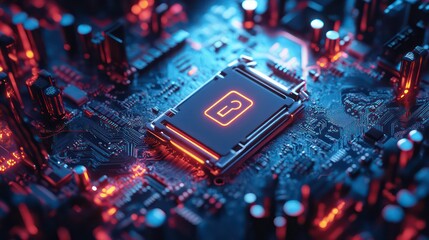 Close up of a computer motherboard with a glowing lock icon in the center.