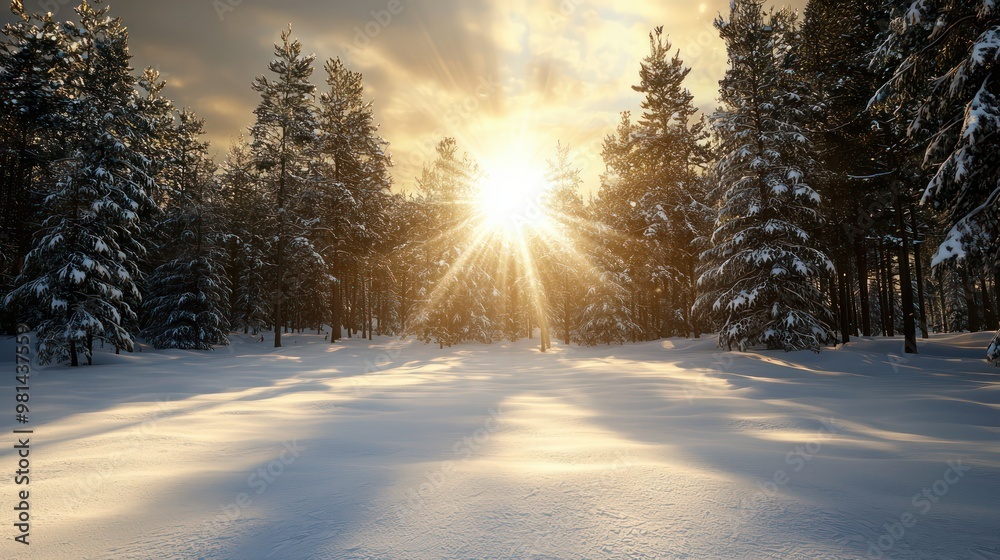 Aufkleber A snowy field with trees in the background and a sun shining through the trees. The sun is casting a warm glow on the snow, creating a peaceful and serene atmosphere