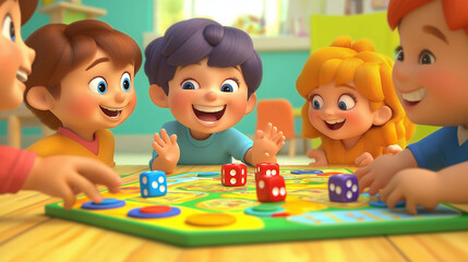 Fototapeta premium Playing Board Games: A group of animated young characters is gathered around a table playing a board game, laughter and excitement filling the air as they roll dice and move their game pieces.