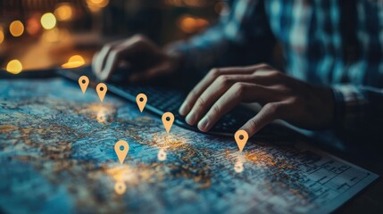 Businessman use computer keyboard to search for address on world map with location pin points. Marking destination for travel or finding business places in GPS Satellite coordinates system online web.