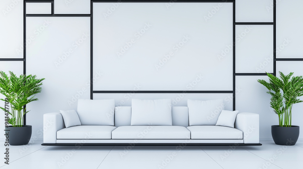 Canvas Prints Minimalist living room with a white couch and plants.