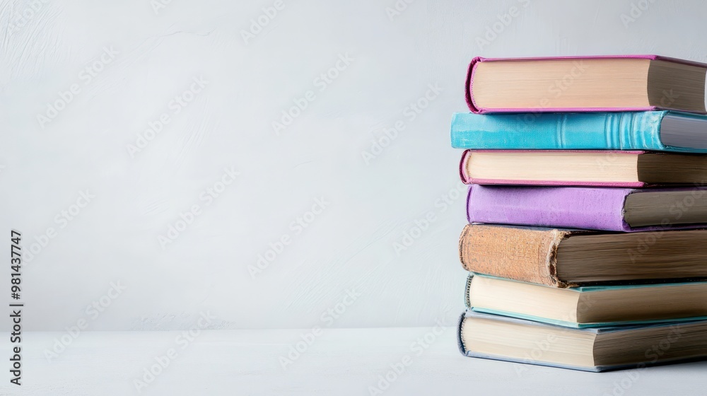 Aufkleber A stack of books with a white background. The books are of different colors and sizes. Concept of knowledge and learning, as well as the idea of a library or a study area