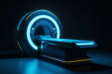 MRI scanner with a blue lights on a dark background.