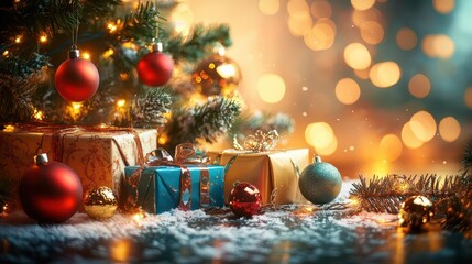 a festive holiday scene bursting with color featuring an array of sparkling christmas baubles wrapped gifts and shimmering tinsel arranged around a warmly lit christmas tree