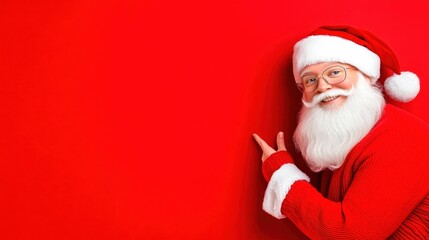 Businessman wearing santa hat pointing at temple with finger on red background