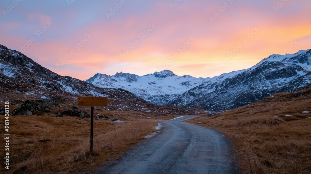 Aufkleber a road with a sign on it in the middle of a mountain range. the sky is orange and the sun is setting
