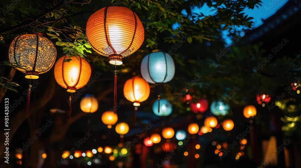 Poster A bunch of colorful lanterns hanging from a tree. The lanterns are lit up and create a warm and inviting atmosphere