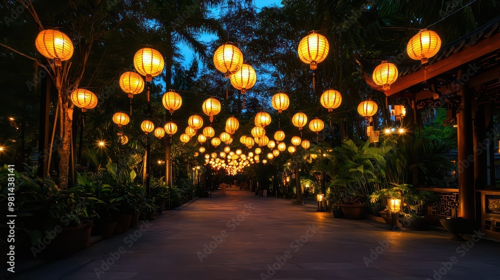 Poster a long walkway with many lit lanterns hanging from the ceiling. the lanterns are yellow and create a