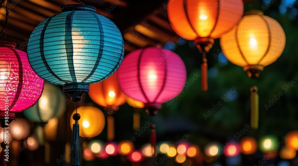 Poster A bunch of colorful lanterns hanging from a tree. The lanterns are of different colors and sizes, creating a vibrant and lively atmosphere