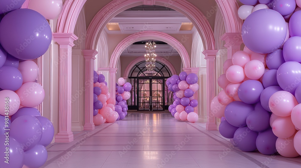 Poster a long hallway with pink and purple balloons. the balloons are arranged in a way that creates a sens