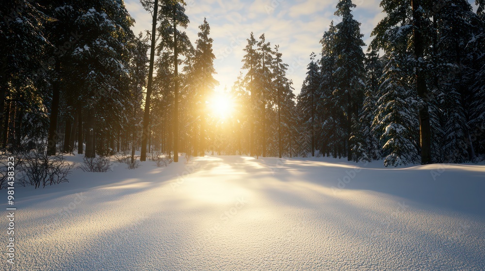 Poster A snowy field with trees in the background and a sun shining through the trees. The sun is casting a warm glow on the snow, creating a peaceful and serene atmosphere