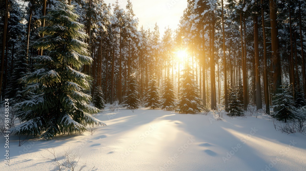 Poster a snowy forest with a sun shining through the trees. the sun is casting a warm glow on the snow and 