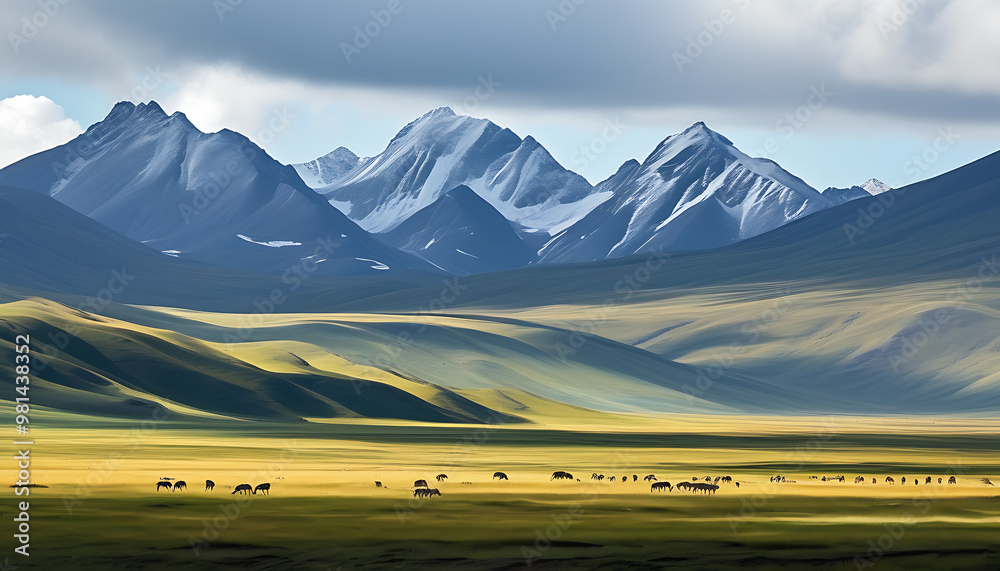 Sticker qinghai kekexili scenery, natural beauty of the plateau, with mountains and free-running tibetan ant