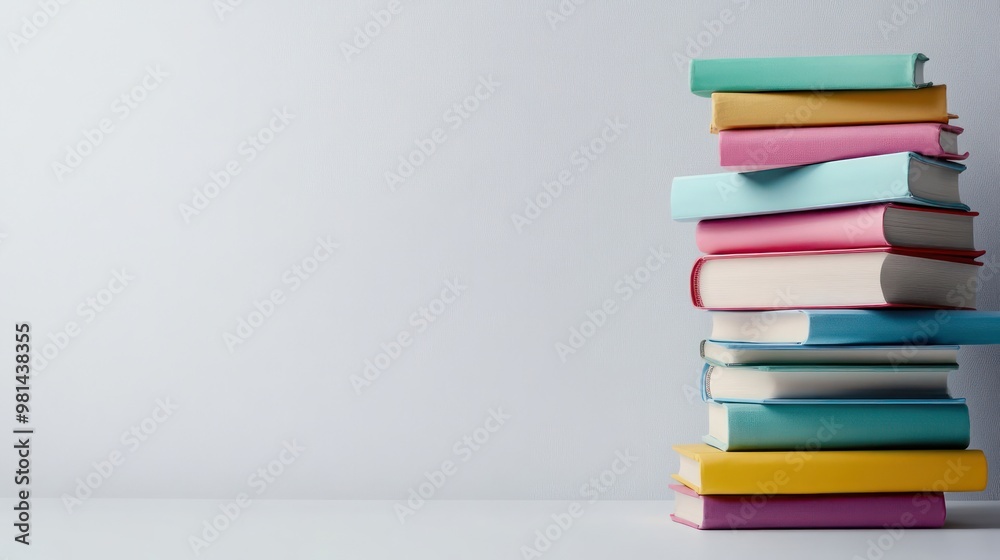 Aufkleber A stack of books with a white background. The books are of different colors and sizes. Concept of knowledge and learning, as well as the idea of a library or a study area