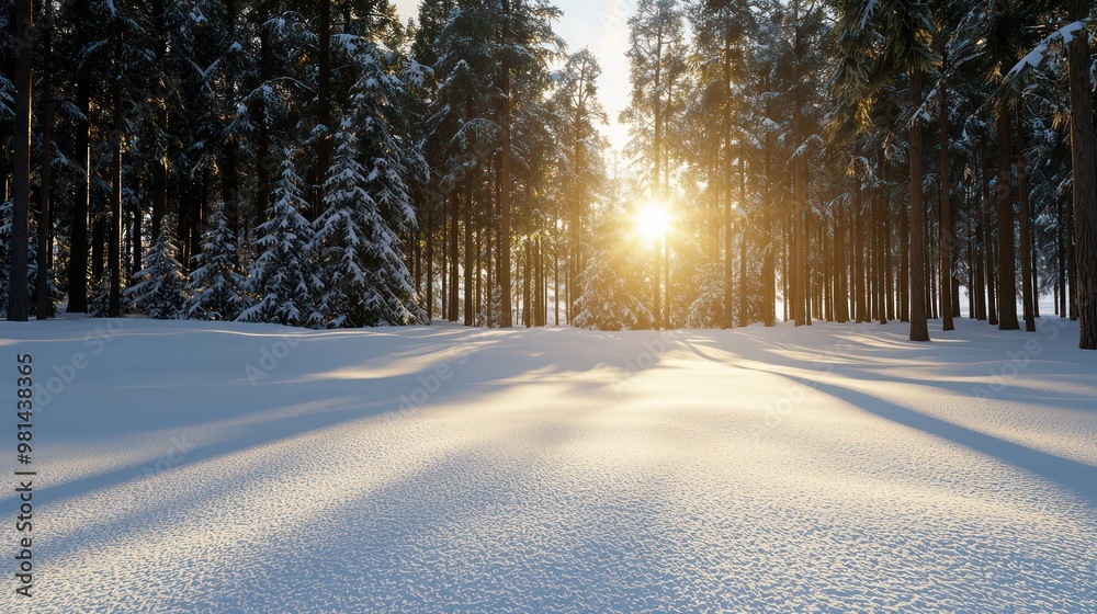 Leinwandbilder a snowy field with trees in the background and a sun shining through the trees. the sun is casting a