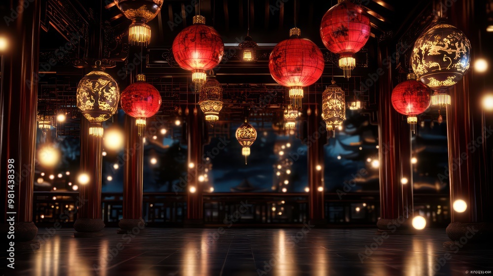 Poster A room with many red lanterns hanging from the ceiling. The room is lit up with lights and the lanterns are glowing. Scene is warm and inviting