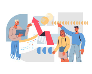 Business idea of analytics or marketing research. Business people launching startup projects and studying financial reports, flat vector illustration isolated on white background.