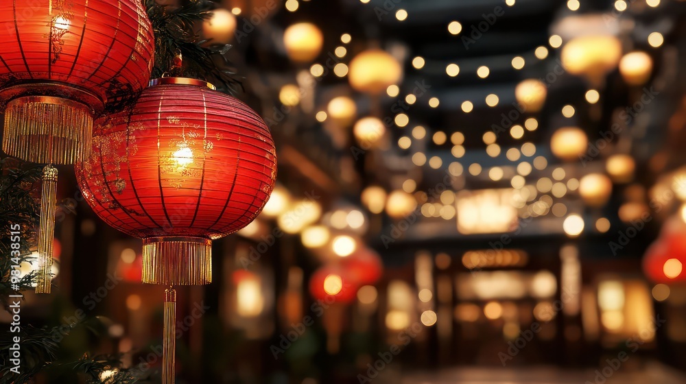 Poster a red lantern is hanging from a tree. the lantern is lit up and is surrounded by other lanterns. the
