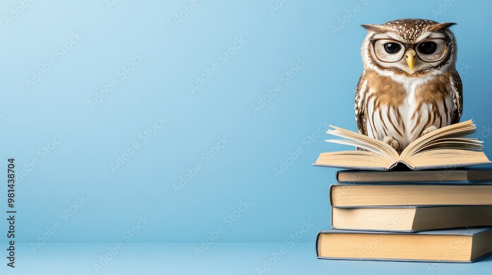 Aufkleber A book stack with a brown owl sitting on top of it. The owl is looking at the camera with an open book in front of it. Concept of curiosity and intelligence, as the owl is reading