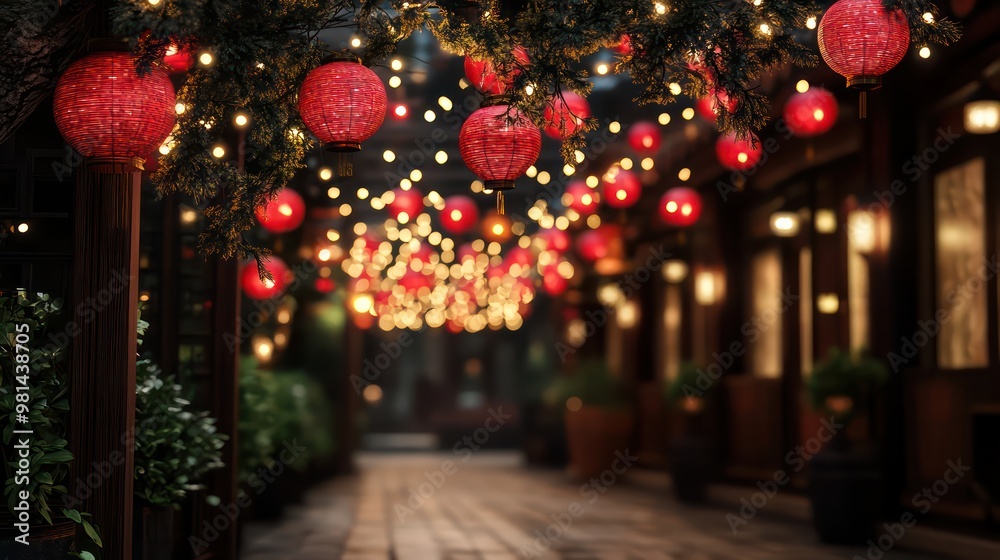 Poster a walkway with red lanterns hanging from the ceiling. the lanterns are lit up and create a warm and 