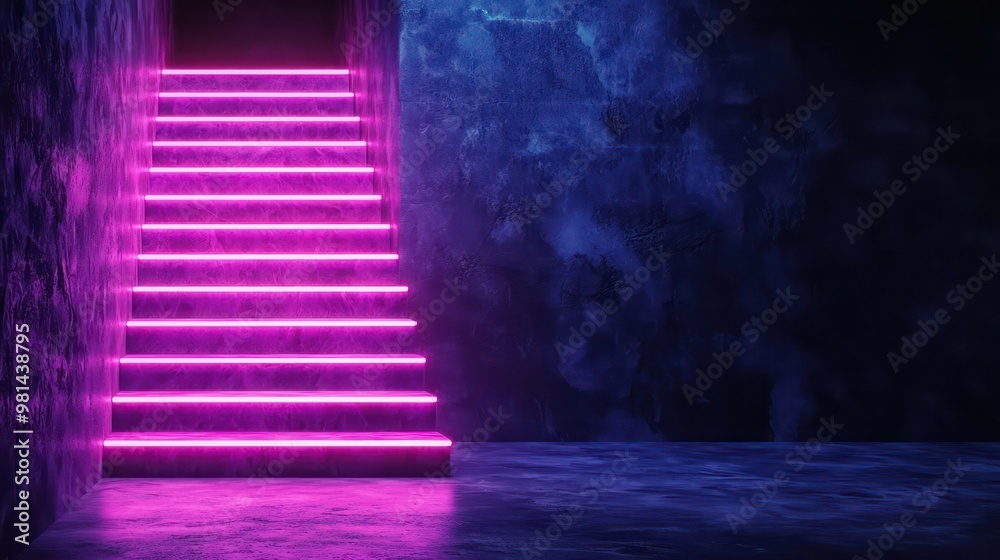 Poster a staircase with pink lights is lit up in a dark room. scene is mysterious and intriguing