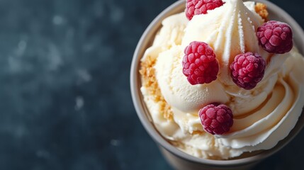 Enjoy a delightful bowl of creamy cheesecake ice cream adorned with vibrant raspberries