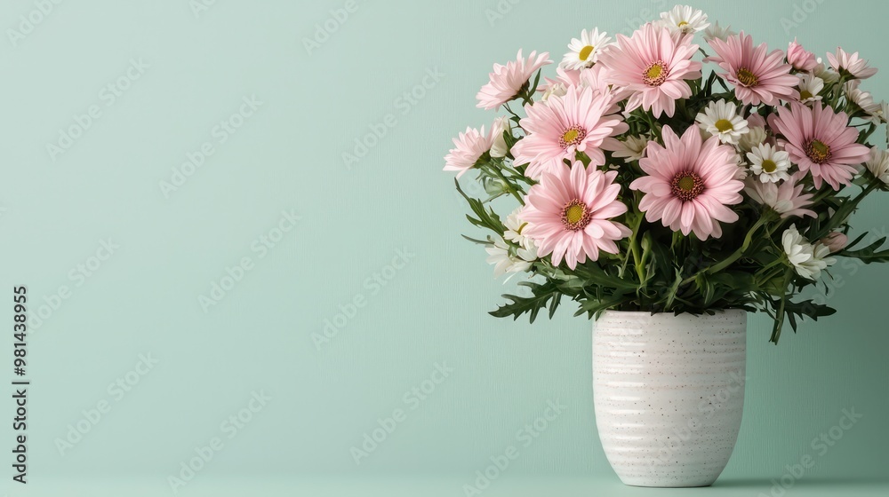 Poster a white vase with pink and white flowers in it. the flowers are arranged in a way that makes them lo