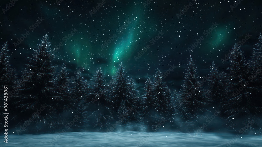 Poster a dark forest with snow on the ground and trees. the sky is filled with stars and the aurora boreali