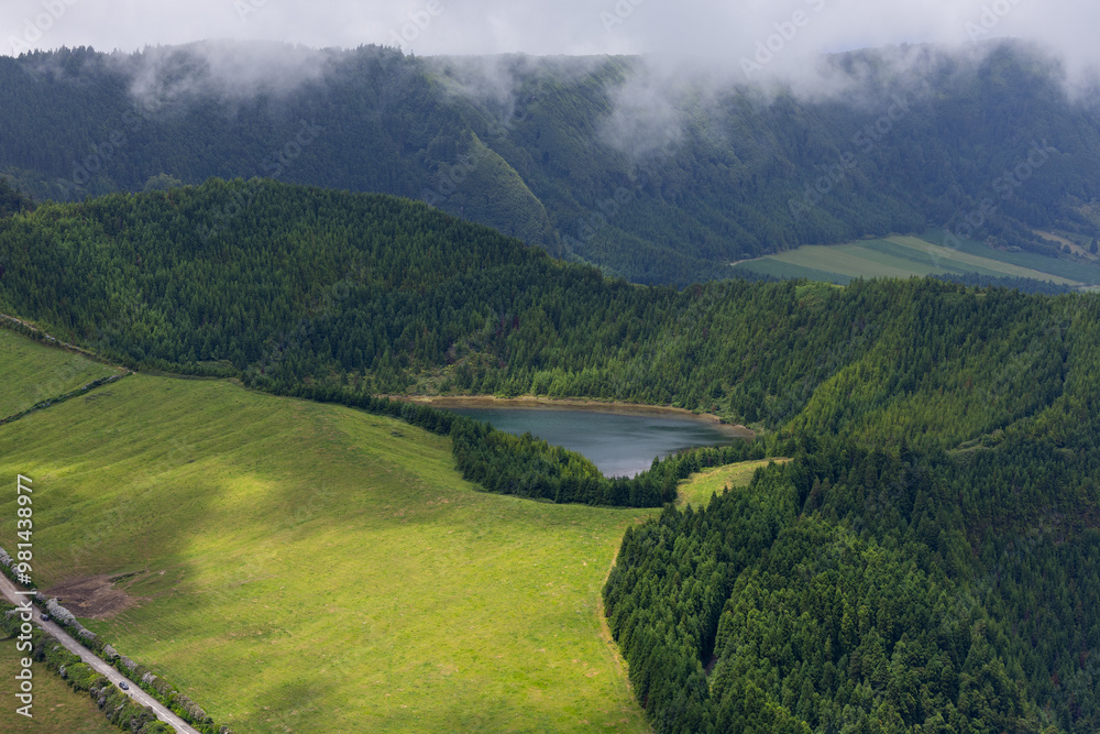 Wall mural landscape in sete cidades with the green meadow and lagoon of santiago. island of sao miguel, azores