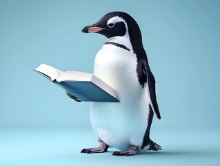Penguin Teaching on Soft Blue Background   3D Rendered of Cartoon Animal Instructor Holding Book