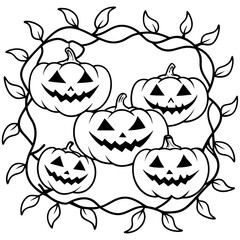 Sinister Carved Pumpkins Amid Twisted Vines - Vector Art