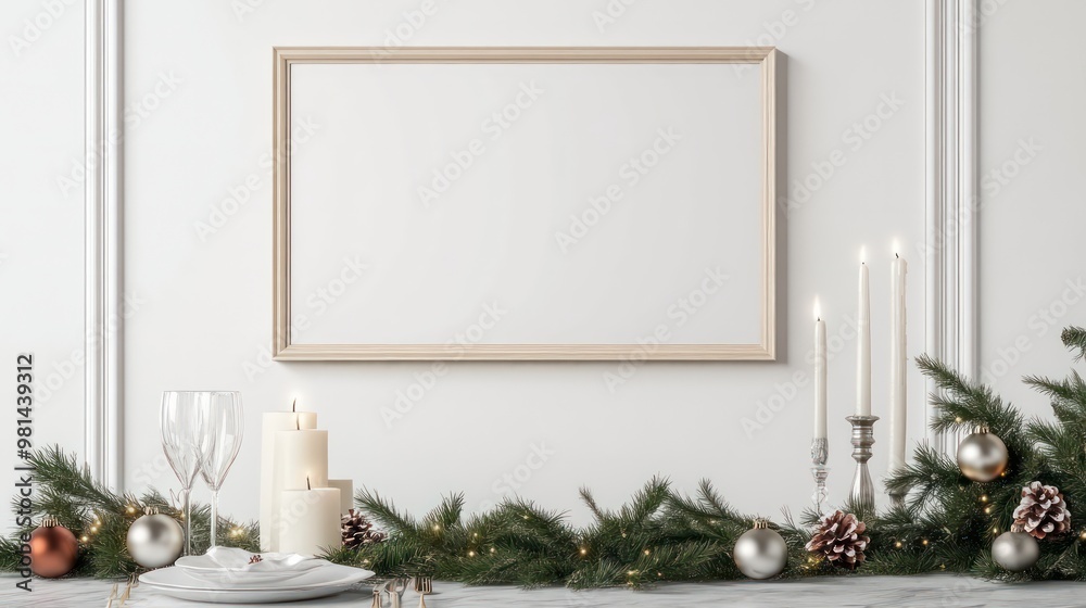 Poster a white wall with a framed picture and candles on a table. the candles are lit and the picture is em