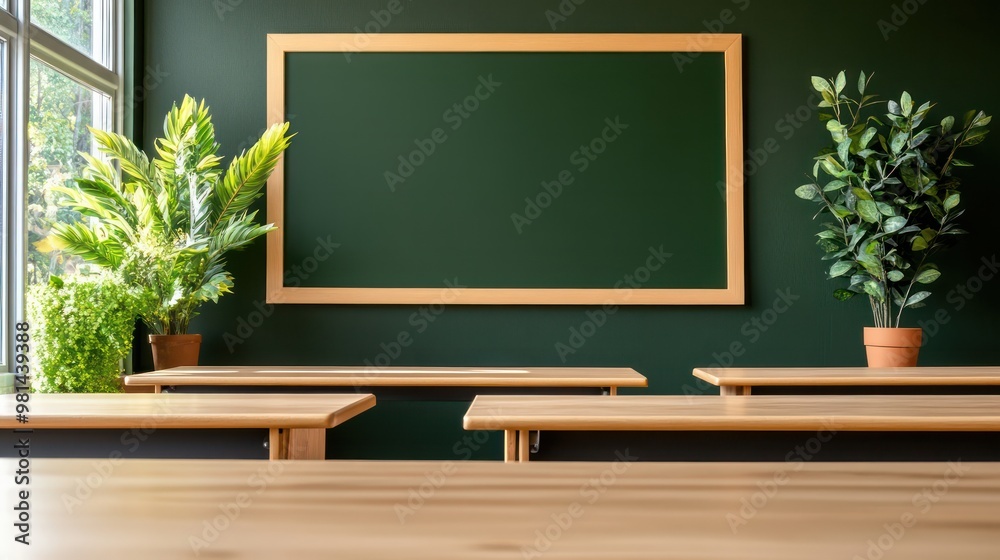 Poster a classroom with a blackboard and a few potted plants. the room is empty and the blackboard is blank